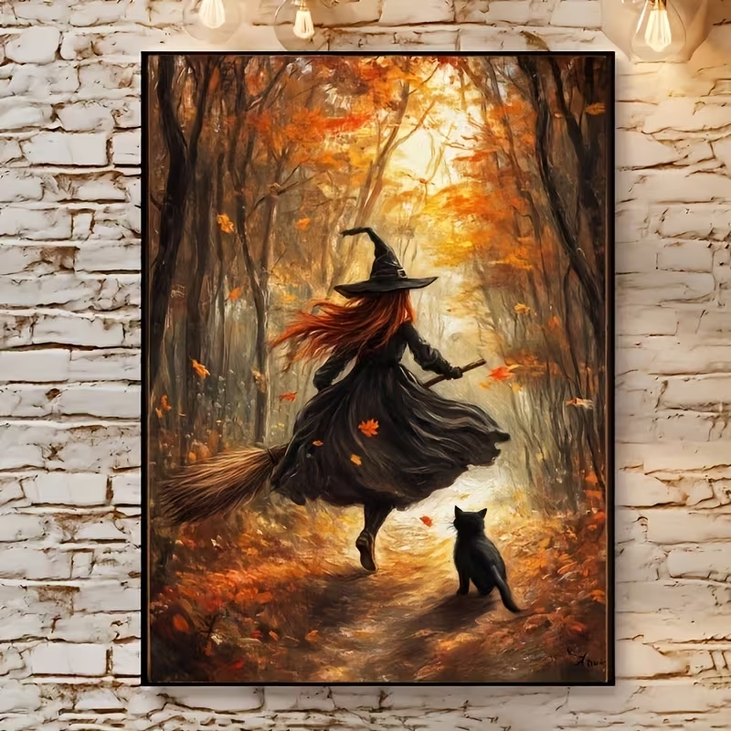 Retro Gaming Pictures - Retro Halloween Herfst Heks Op Bezemsteel